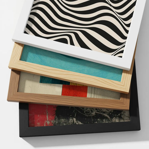 Custom print-on-demand framed poster available in black, white and natural wood frames, stacked to show frame colour options